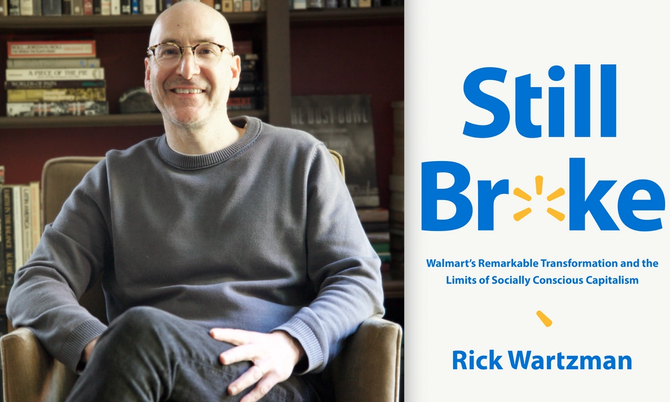 A photo of author Rick Wartzman sitting in a chair and the cover of his new book, Still Broke.