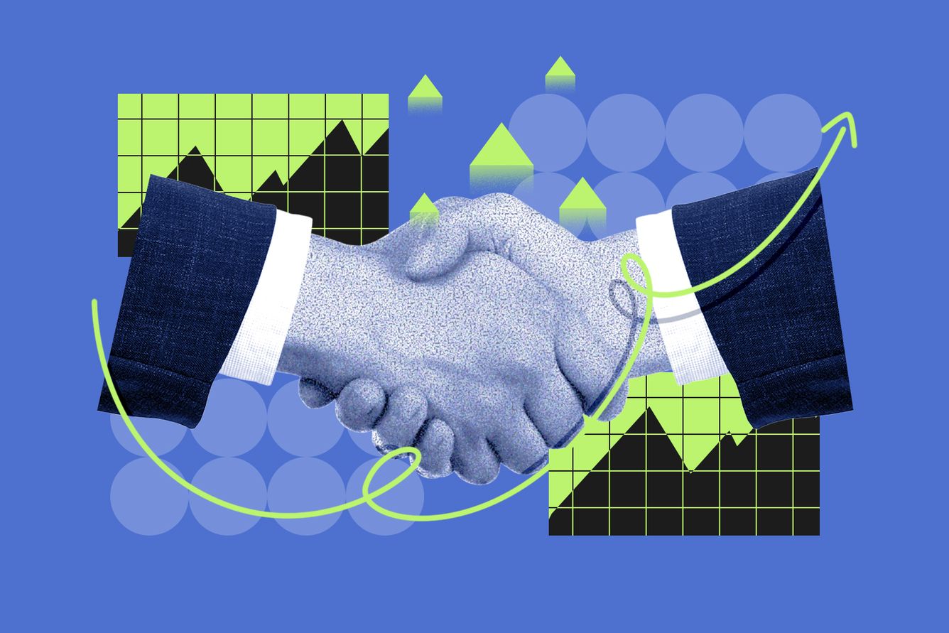 Two hands shaking surrounded by investing visual elements