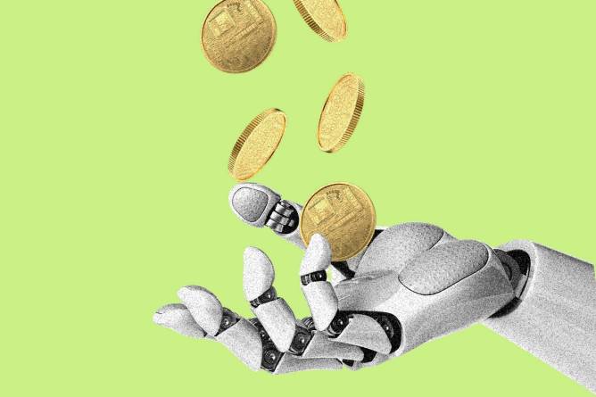 A robot hand holding crypto coins