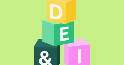 2D illustration of colorful building blocks stacked on top of each other spelling out “DE&I”