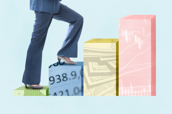 A figure wearing a business suit and heels ascends a set of stairs that looks like a bar graph. Illustration.