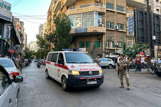 An ambulance taking people to the hospital after Hezbollah walkie-talkies exploded in Lebanon