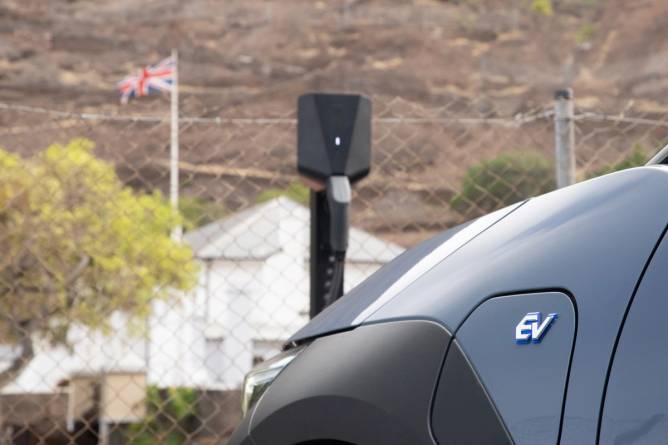 EV Subaru Solterra at electric vehicle charging point on St Helena. 