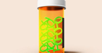 A pharma drug pill bottle with a pile of bright green binary code containing ones and zeroes inside