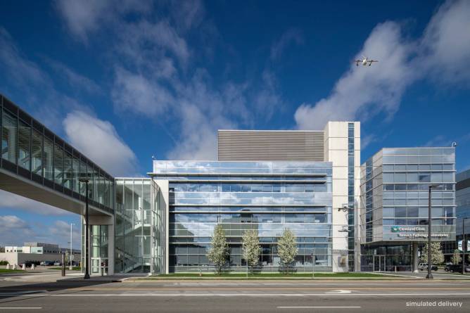 A drone flies above the Cleveland Clinic