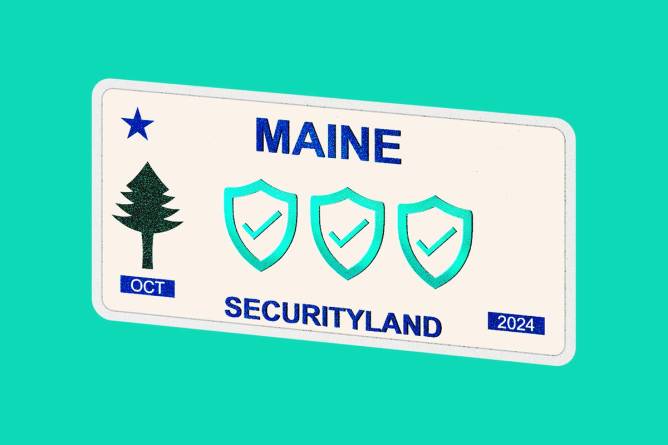 Maine license plate with security shields.