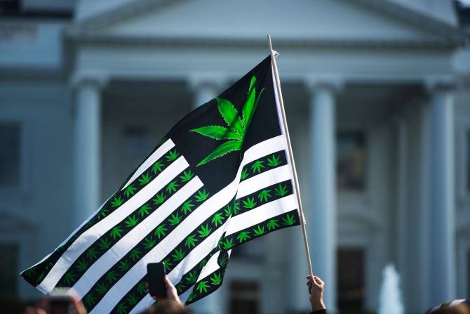 The marijuana flag flying in front of the White House