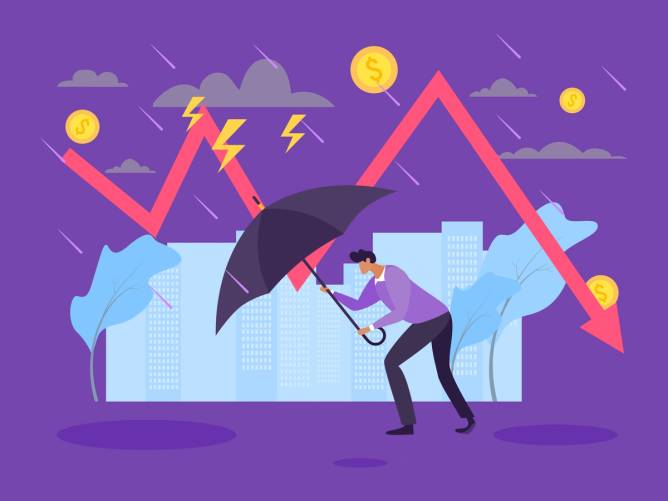 Illustrated man holding umbrella fights a storm. A downward trending red line graph is above him.