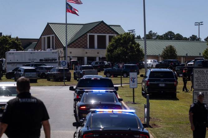 Law enforcement and first responders respond to Apalachee High School in Winder, Georgia, after a shooting was reported.