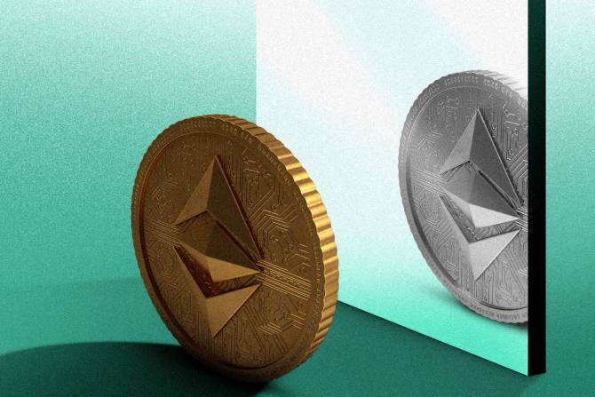 An Ethereum coin looking at another Ethereum coin in a mirror