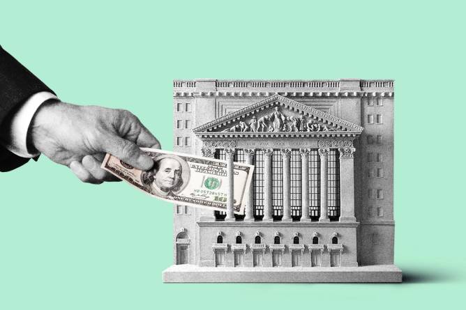 A hand putting a dollar bill into the NYSE