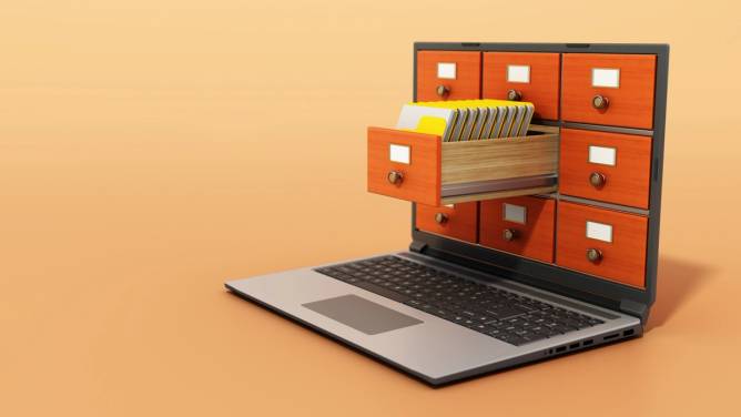 graphics image of filing cabinet coming out of laptop screen 