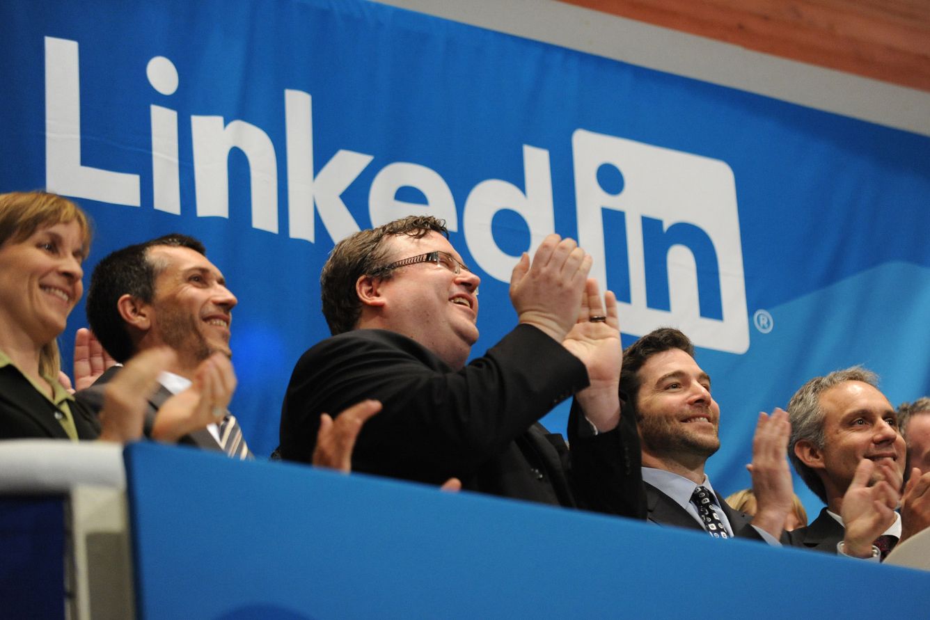 Linkedin founder Reid Garrett Hoffman (C) and CEO Jeff Weiner (2nd R) at the ringing of the opening bell of the New York Stock Exchange May 19, 2011 during the initial public offering of the company. Credit: Stan Honda/AFP/Getty Images
