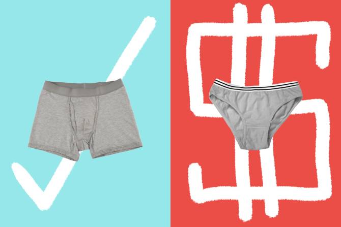 Men's underwear checkmark background, women's underwear dollar sign background