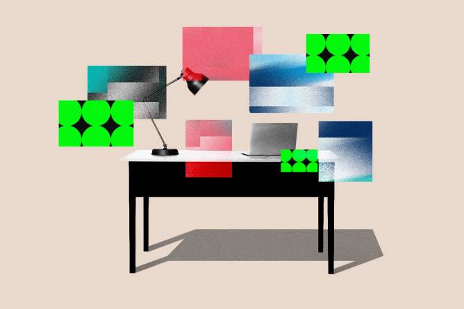 Office desk with floating ai elements.