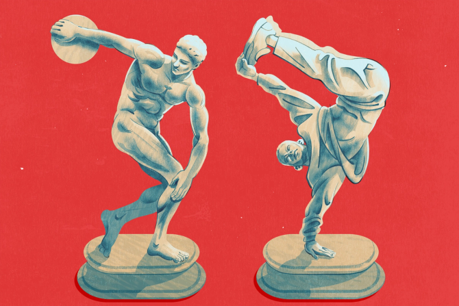 Classical sculpture of discus thrower next to an image of a breakdancer rendered as a classical sculpture all set on a red background