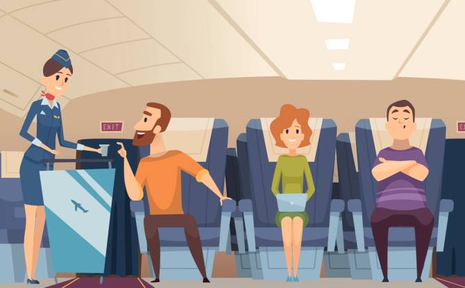 illustration of flight attendant and passengers