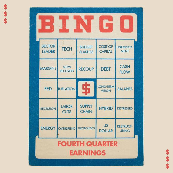 A bingo card displays words relevant to finance including tech, fed, supply chain