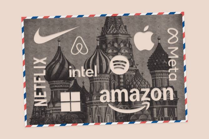 Graphic of company logos on a postcard to Russia