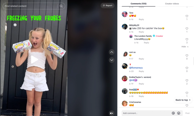 A girl in a TikTok video holds two boxes of Frubes, under screen text that says, "Freezing your Frubes."