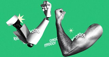 A human arm next to a robot arm both flexing their muscles surrounded by binary code