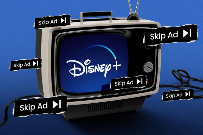 Disney+ logo on TV with "skip ad" buttons.