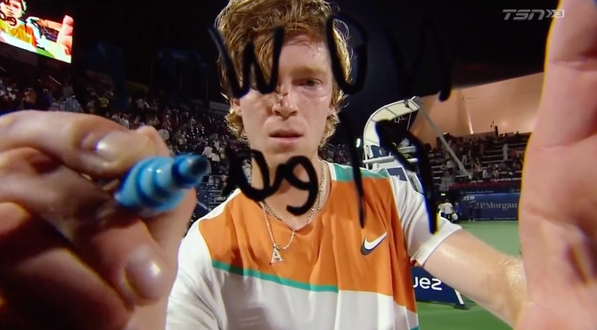 Russian tennis player Andrey Rublev wrote a message of peace on a TV camera after winning his semifinal match at the Dubai Championships.
