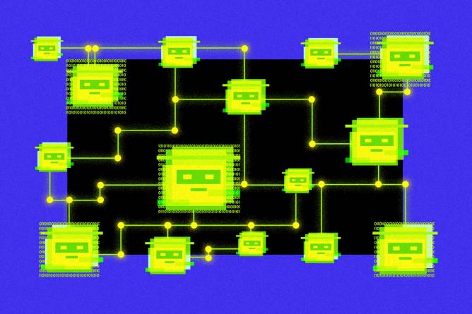 Illustration of AI agents connected to a grid system.