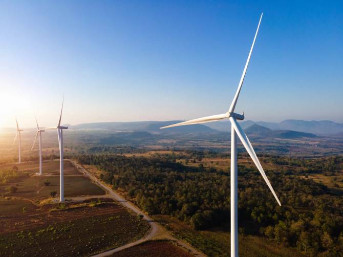 A row of wind turbines.