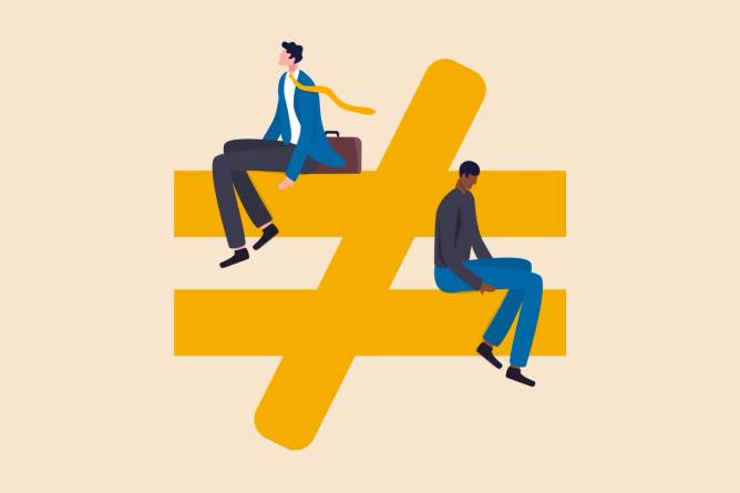 Black and white men sitting on an unequal sign