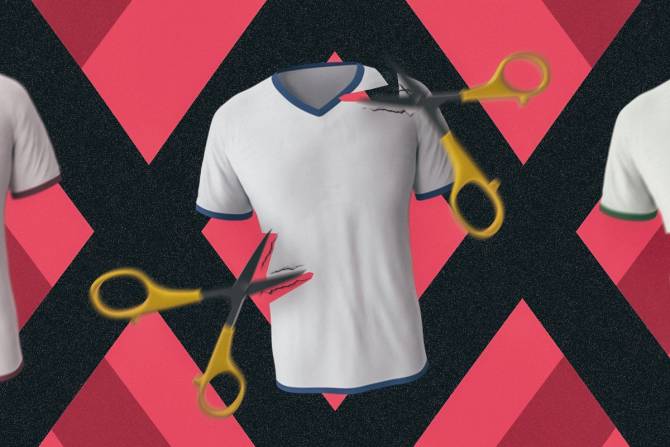 An illustration shows a shirt being cut with scissors. 