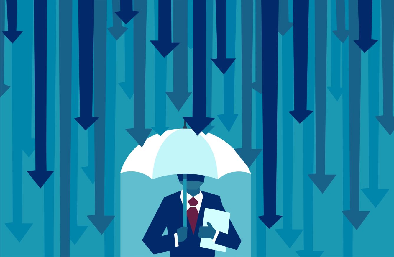 Illustration of a business man getting rained on by downward arrows.