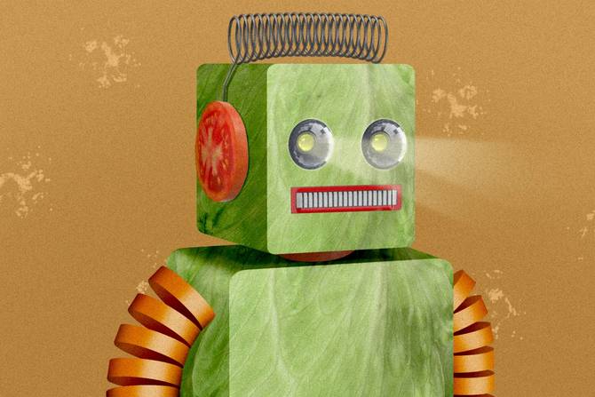 robot made of lettuce with tomato ears.