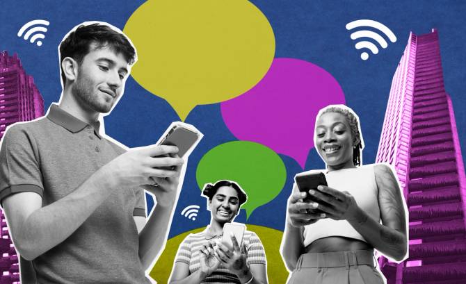 A collage of young people in cities using their phones.