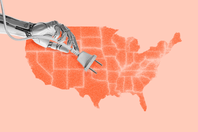 An AI robot arm plugging in a cable to an outlet on a map of the United States