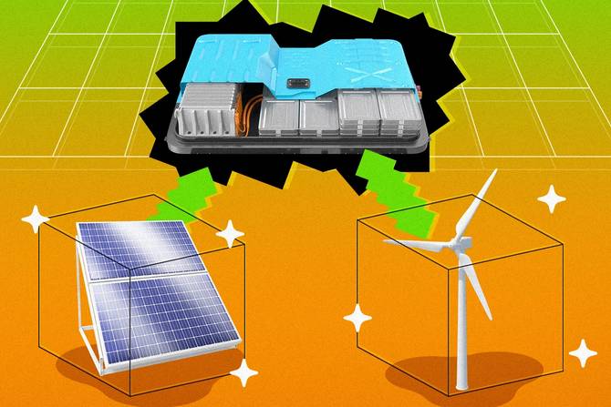 a battery powering a solar panel, and wind turbine