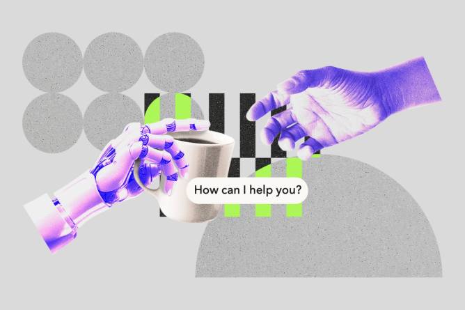 AI hand handing over coffee cup to human hand on abstract background.