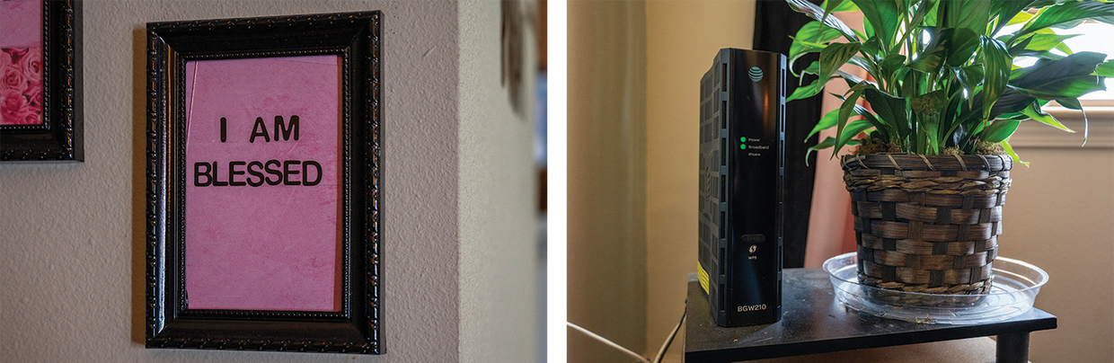 Two images side-by-side. One of a art piece with text displaying "I am blessed" and the other image of a wireless router on a stand next to plant