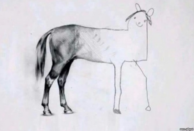 A drawing of a horse, becoming increasingly child-like from left to right.