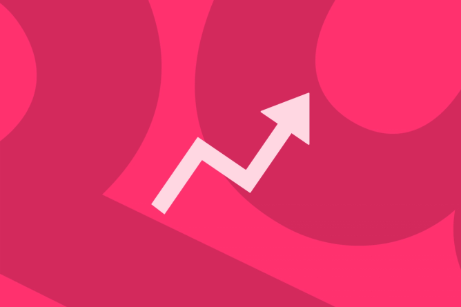 Pink upward-trending arrow on a magenta background