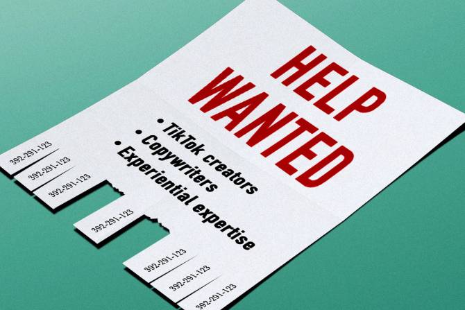 a "Help wanted" sign for TikTok creators, copywriters, and experiential expertise