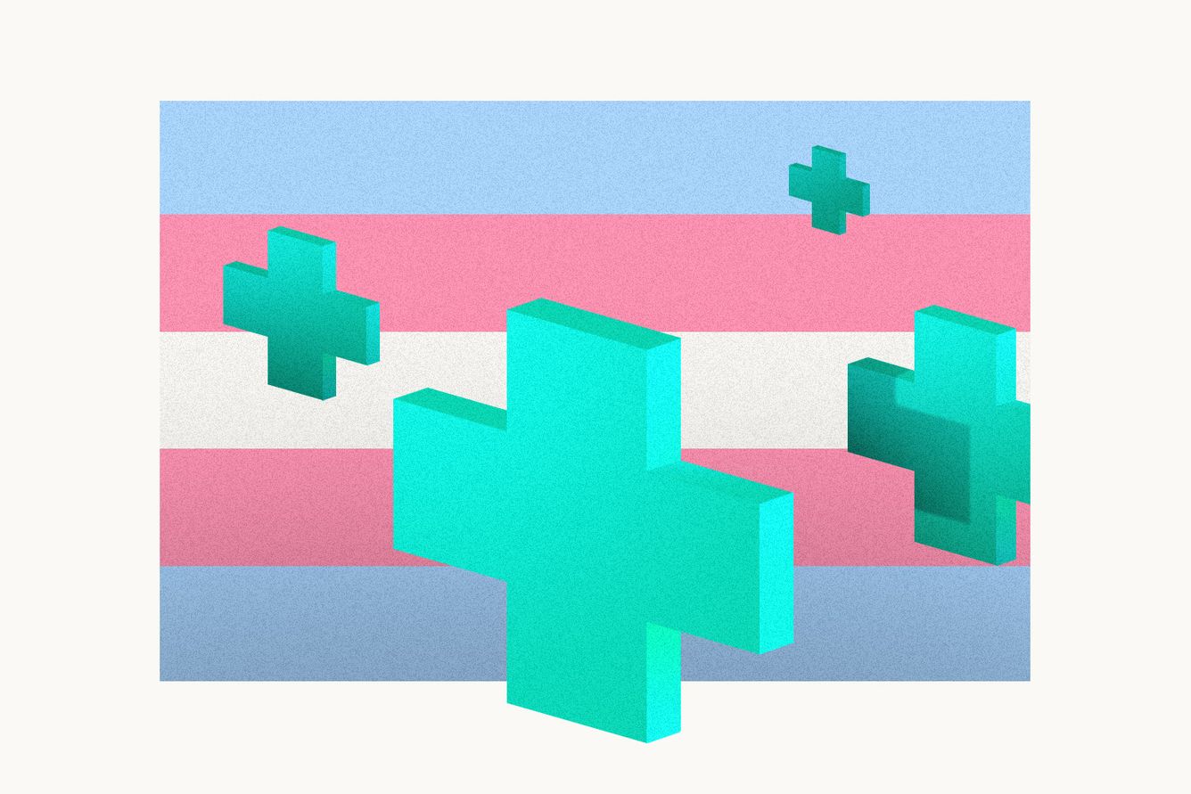 Trans flag surrounded by medical cross symbol.