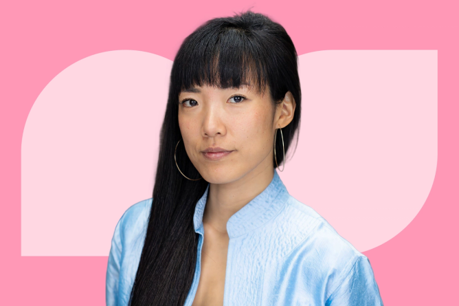 A portrait of Lena Kwak,  co-founder and VP of product at Starday Food against a pink graphic backgrond.