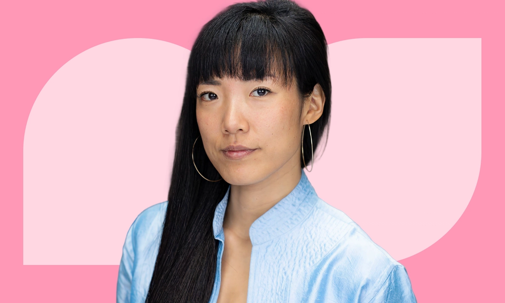 A portrait of Lena Kwak, co-founder and VP of product at Starday Food against a pink graphic backgrond.