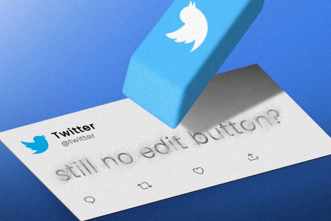 A twitter eraser editing a tweet saying "still no edit button?" 