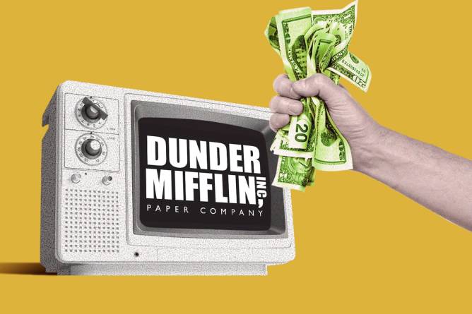 A hand holding money to a tv with Dunder Mifflin