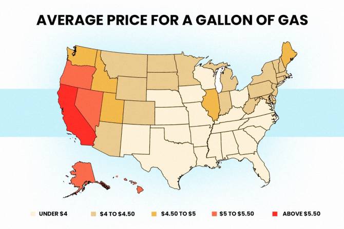 A map showing gas prices in all 50 US states