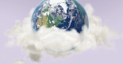 The Earth covered in a layer of clouds set on a light purple background
