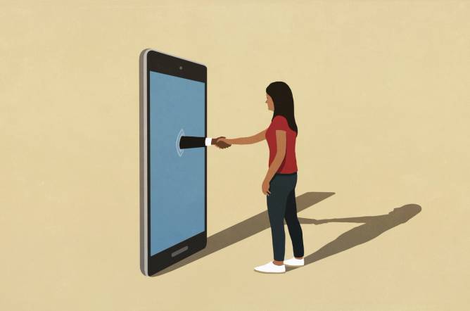 Illustration of a woman shaking hands with a businessman through a phone.