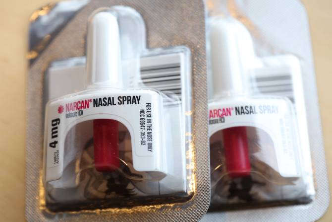 two small canisters of Narcan nasal spray